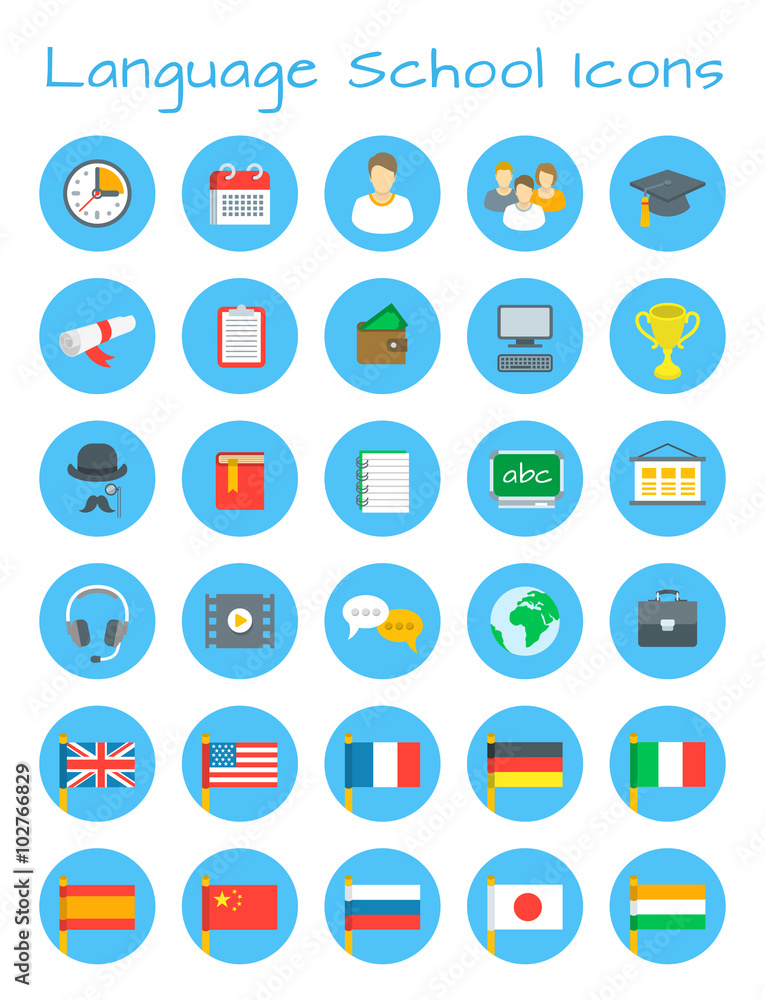 Poster language courses flat vector icons. international communication in different languages. foreign lang