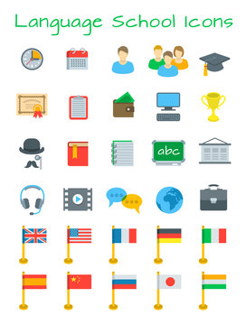 Language courses flat education vector icons. International communication in different languages. Foreign languages website design elements. Planning, cost, equipment for individual and group lessons