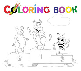 Obraz premium Kuh, Schwein und Biene auf dem Siegerpodest Vektor illustration isoliert auf weiß 