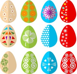 Easter colored eggs, design set in modern flat design. Diverse colors and patterns