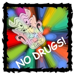 Vector anti drug poster with fuzzy devil face on psychedelic multicolored background with black grunge frame. Drug warning, no drugs, no dependence