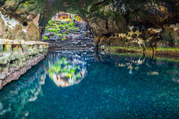 Beautiful cave in Jameos del Agua, Lanzarote, Canary Islands, Spain - obrazy, fototapety, plakaty
