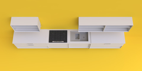 Kitchen furniture in the corner room, 3d illustration.