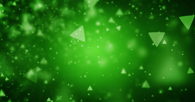 High quality looping animation of abstract dark green background with triangle bokeh defocused lights (seamless loop, 4K)