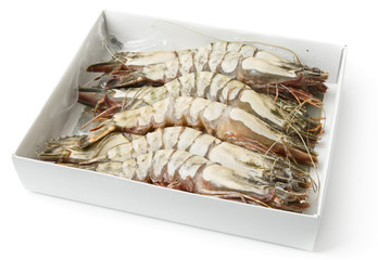Giant prawns in retail pack, isolated on white