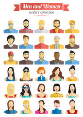 Set of Men and Women Avatars Icons. Colorful Male and Female Faces Icons Set. Flat Style Design. 