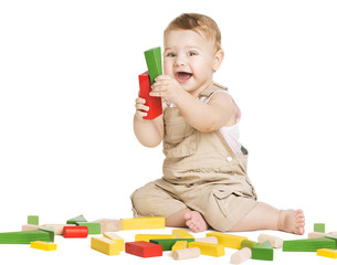 Kid Play Toys Blocks, Happy Child Playing Toy on White