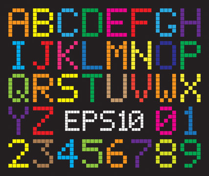 Alphabet Abstract Pixel Art. All Letters And Number Vector Illustration. Eps 10