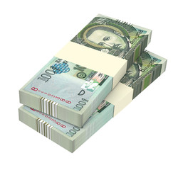 Paraguyan guarani bills isolated on white background. Computer generated 3D photo rendering.