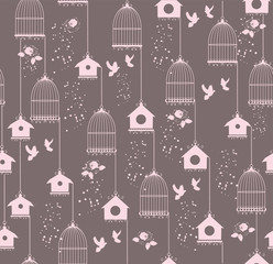 vector illustration of seamless background with bird cages and houses