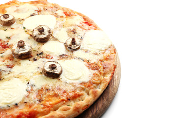 Tasty pizza decorated with mushrooms isolated on white background, close up