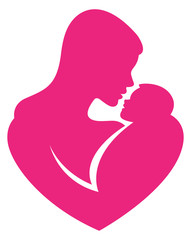 Sign stylized mother hugs baby logo symbol of motherhood