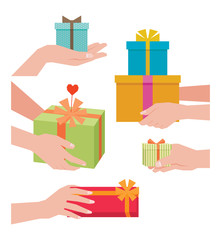 Stock vector illustration of a hand giving a gift box isolated o
