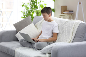 Little boy using laptop on a sofa at home