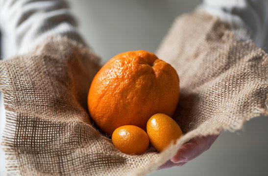 Close up of man's hand holding oranges