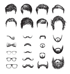 Set of different Hipster haircuts, beards, glasses, bowtie and pipe