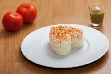 Heart shape rice with tomato sauce