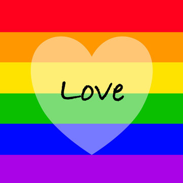 Rainbow flag with a white heart and writing “love”