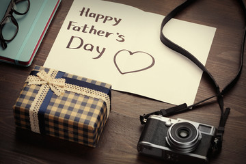 Happy Father's Day set of things on wooden background