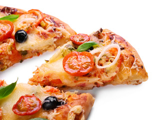 Delicious fresh pizza on white background