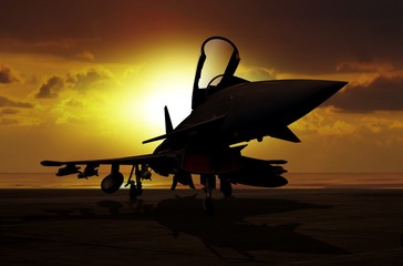 Fototapeta na wymiar Fighter plane at sunset on carrier ship