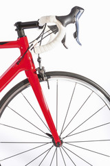 Fototapeta na wymiar Cycling Sport Concept. Professional Road Bike Front Wheel and Handlebars