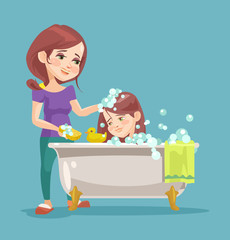Mother wash her daughter. Vector flat cartoon illustration
