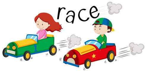 Boy and girl racing car