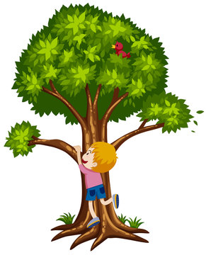 Little boy climbing up the tree
