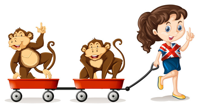 Girl pulling monkeys on the carts