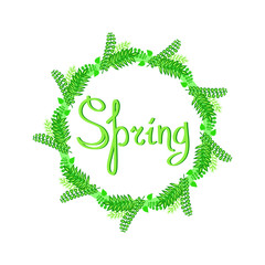 Spring round logo. Word spring. Round frame made of plants and leaves.