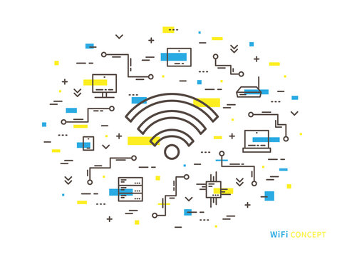 Wifi linear vector illustration. Creative flat concept wifi, servers, laptop, computer, tablet, phone. Graphic design online free wi-fi.
