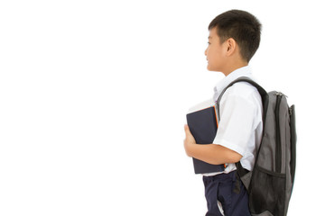 Asian Little School Boy Holding Books with Backpack