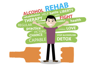 happy guy freed from alcohol addiction, standing over a broken bottle. Vector flat design