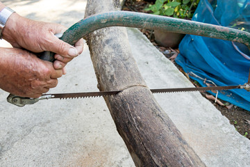 close up of hand cutting wood by hand saw