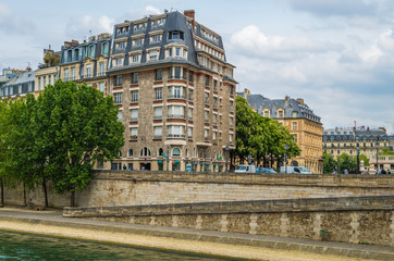 Paris France 2014 April 21,  Historic building architecture along the banks of the Seine River