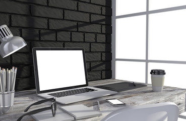 3D illustration laptop and work stuff on table near brick wall, Workspace