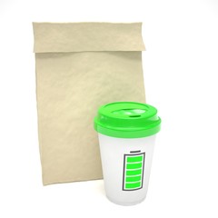 Coffee to go and lunch bag, on white.