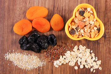 Linseed, rye flakes, oat bran, dried fruits and muesli, concept of healthy nutrition and increase metabolism