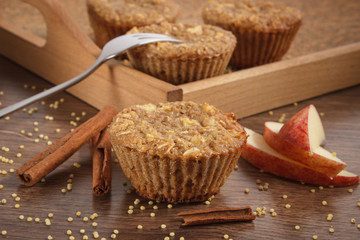 Fresh muffins with millet groats, cinnamon and apple baked with wholemeal flour, delicious healthy dessert