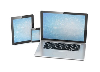 laptop, tablet, phone, on white