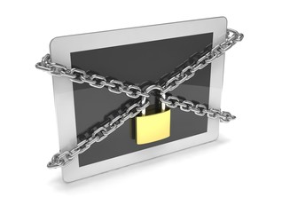 tablet PC with chains and lock isolated on white background