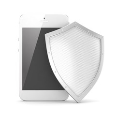 Smartphone and shield on white, security concept