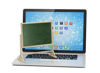  Laptop with chalkboard, online education concept