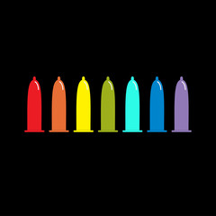 Condom rainbow icon set. Protection. Black background. Flat design.