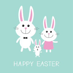 Happy Easter. Bunny rabbit family.Father, mother and baby boy. Flat design.