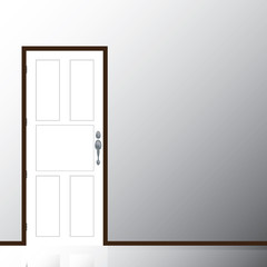 White door closed on a gray wall. Door handle reflective on the floor.