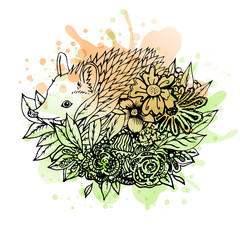 Black and white wild animal hedgehog, abstract art, tattoo, doodle cketch. 