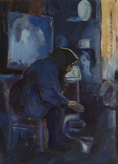 grandma in the kitchen, oil painting, blue color