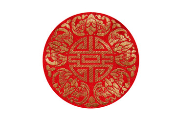 Chinese pattern style sewing on Red fabric on white background